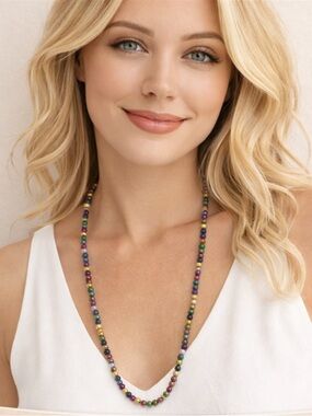 Multicolor Beaded Necklace 34” Long 6mm Stone Glass Boho Layering artisan beach